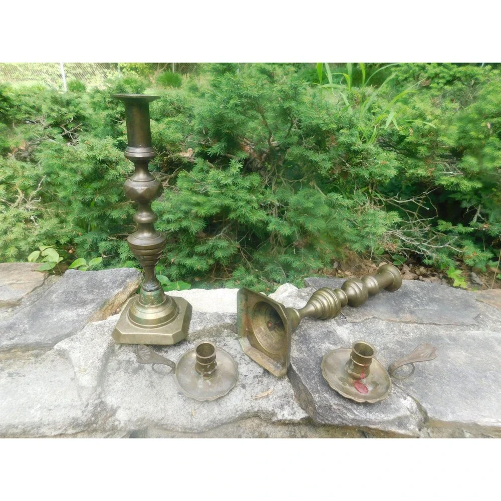 mismatched brass candle holders, vintage